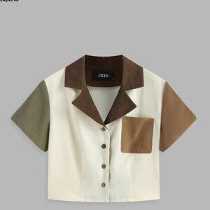 Patchwork Collar Short Sleeve Crop Blouse